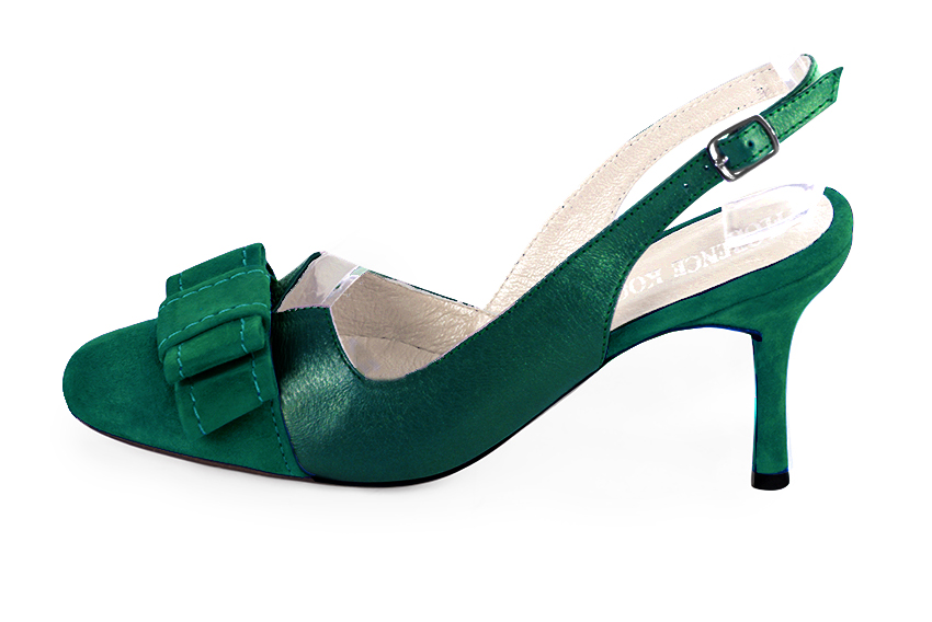 Emerald green women's open back shoes, with a knot. Round toe. High slim heel. Profile view - Florence KOOIJMAN